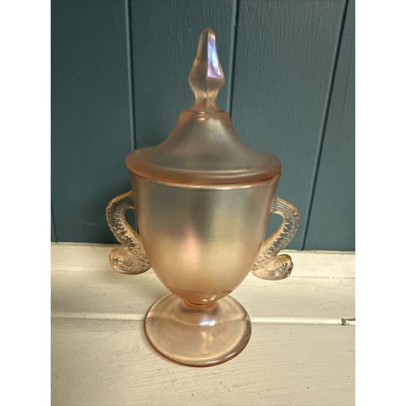 Fenton Art Glass Shell Rose Stretch Pink Koi Fish Handle Covered Candy Dish - Picture 2 of 7